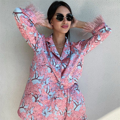 Long Sleeve Ostrich Print Shorts Pajama Set