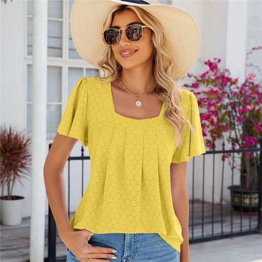 Solid Color V-Neck Pleated Short Sleeve Loose Fit T-Shirt