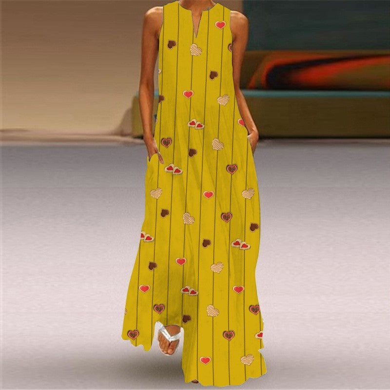 Sleeveless Printed V-Neck Casual Dress