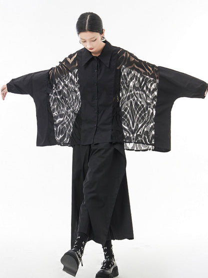 Urban See-Through Lace Split-Joint Lapel Blouse