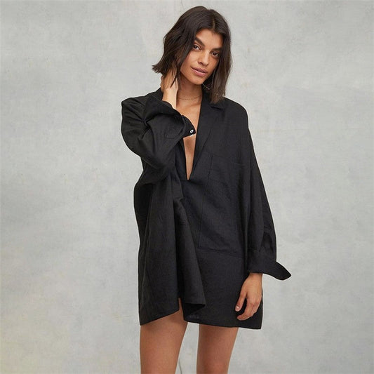Deep V-Neck Loose Fit Mini Pajama Dress - Solid Color Loungewear