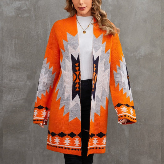 Long Halloween Jacquard Color Block Knit Cardigan