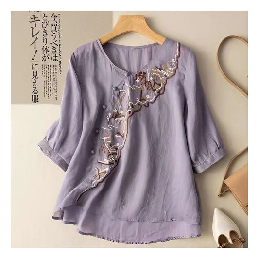 Embroidered Linen Button-Up Blouse with Half Sleeves