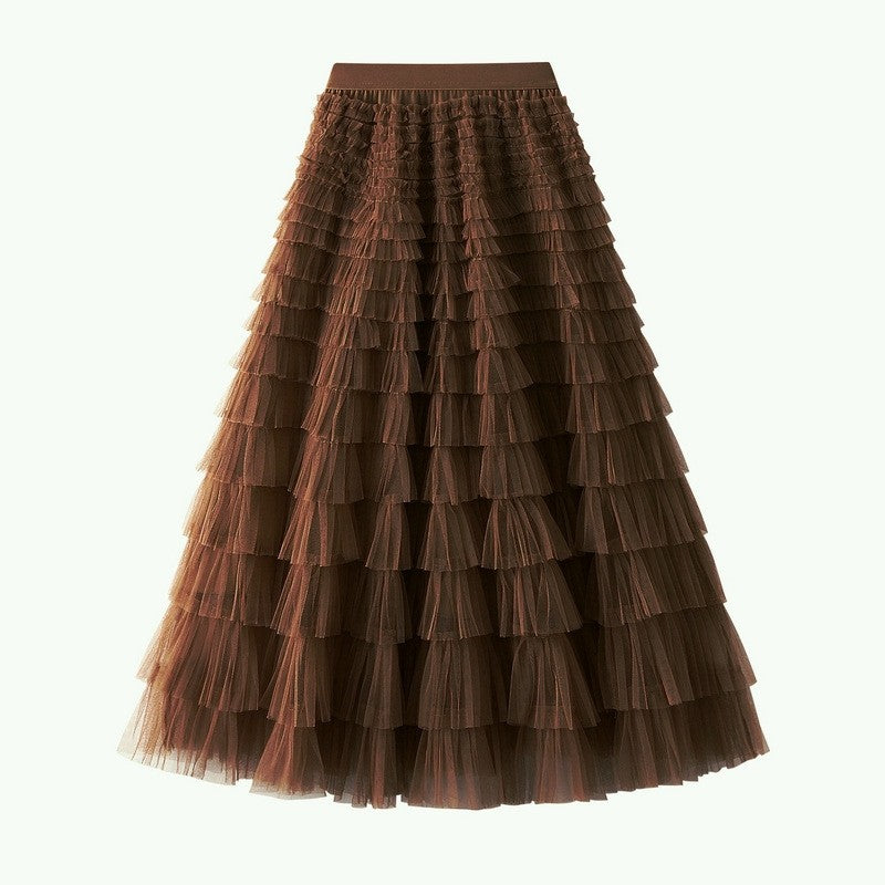 Ruffled A-Line Mesh Cake Skirt with Elastic Waist in Solid Color