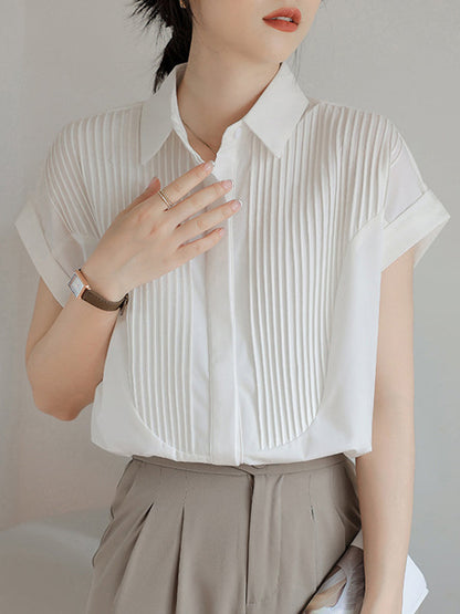 Loose Short Sleeves Buttoned Pleated Solid Color Split-Joint Lapel Blouses&Shirts Tops