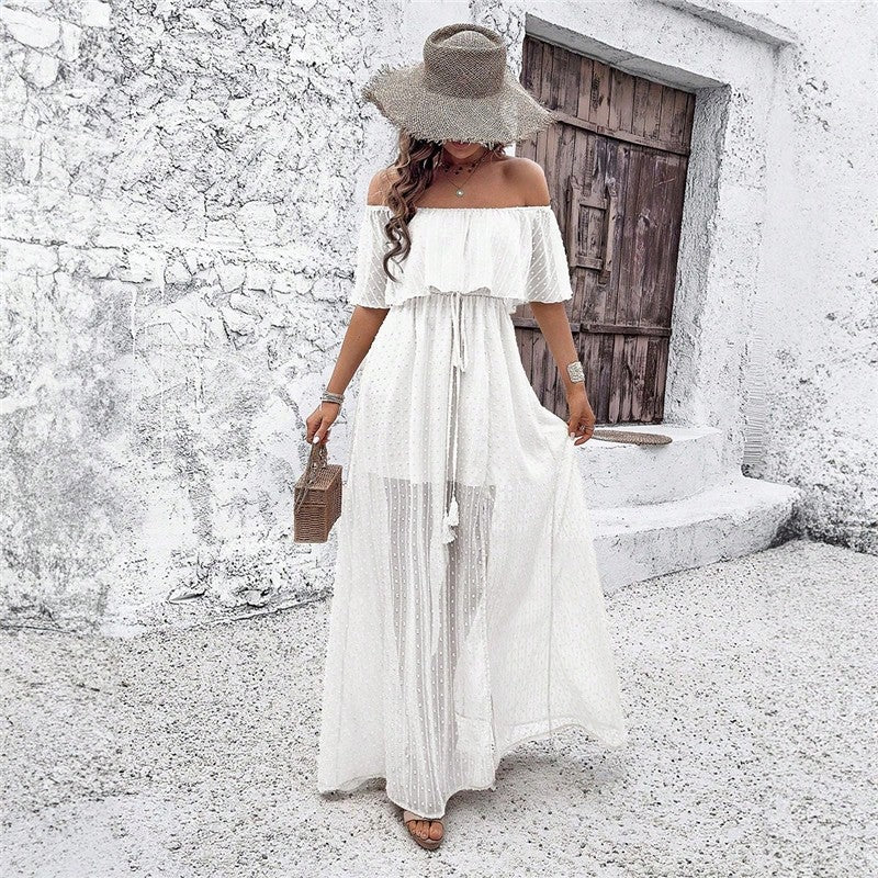 Chic Off-Shoulder Slit Dress in Solid Color