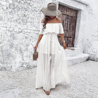 Chic Off-Shoulder Slit Dress in Solid Color