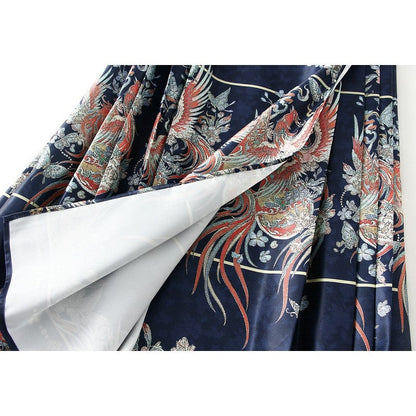 Phoenix Print Pleated Skirt with Chinese Style Waist Tie