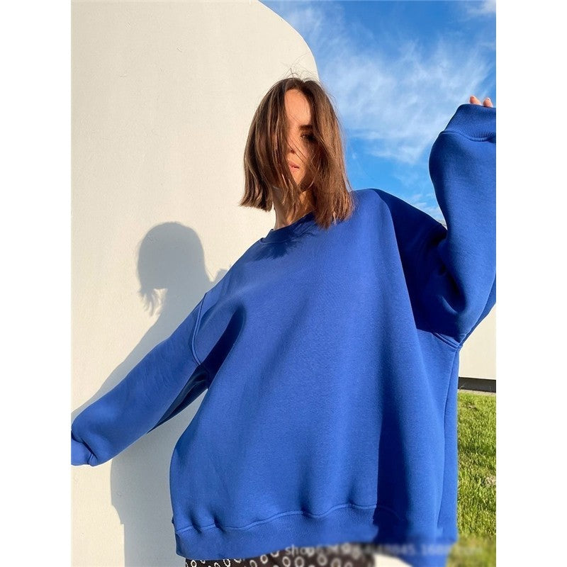 Casual Loose Fit Solid Color Crewneck Cotton  Sweatshirt