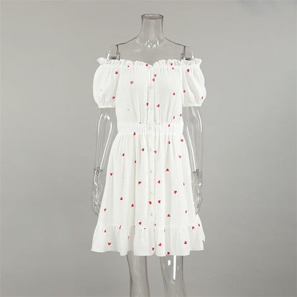 Heart Print One-Shoulder Nightgown with Ruffle Hem