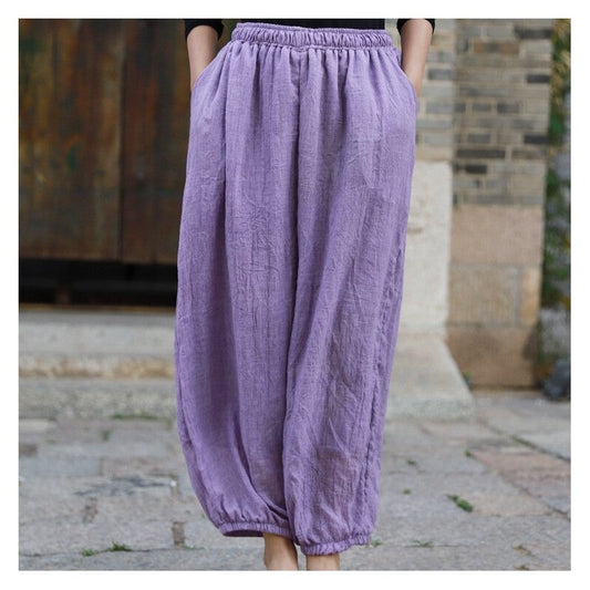Loose Lantern Pants with Elastic Waist - Solid Color