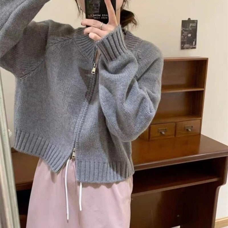 Solid Color Long Sleeve Crewneck Zipper Knitted Cardigan Sweater