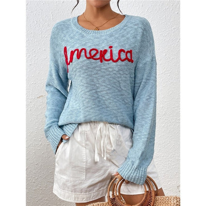 Long Sleeve Crewneck AMERICA Letters Casual Loose Knitted Sweater