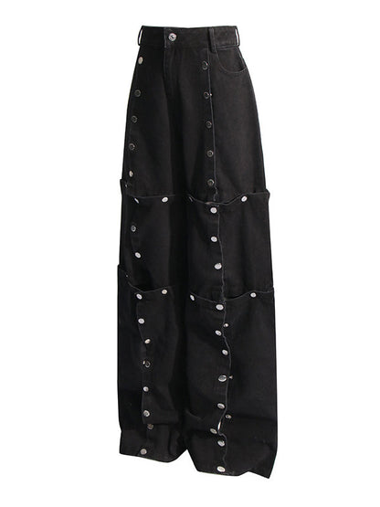 High Waisted Loose Buttoned Detachable No Belt Pockets Split-Joint Jean Pants Bottoms