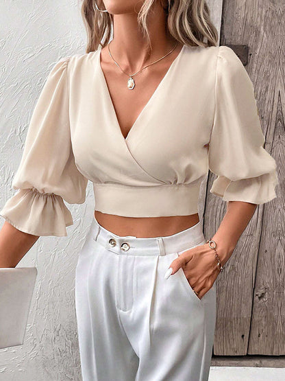 Half Sleeves Loose Elasticity Hollow Ruffled Solid Color Tied V-Neck Blouses&Shirts Tops