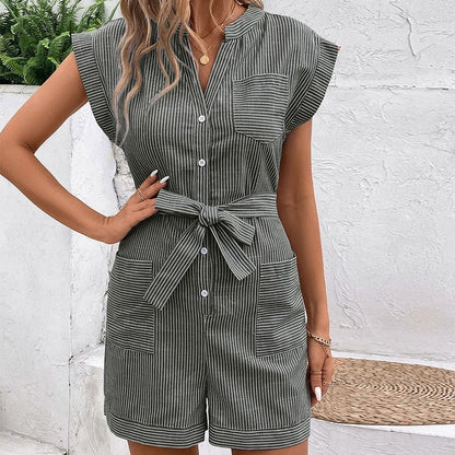 Casual Striped Short Sleeve Jumpsuit