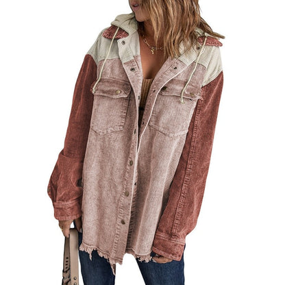 Loose Fit Color Block Hooded Corduroy Jacket