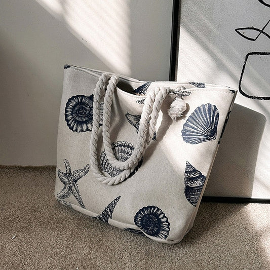 Printed Canvas Tote Bag with Stylish Rope Handles