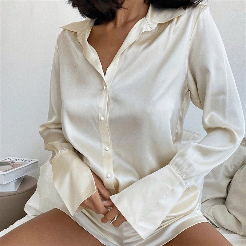 Solid Color Satin Long Sleeve Lapel Single Breasted Blouse and Shorts Set