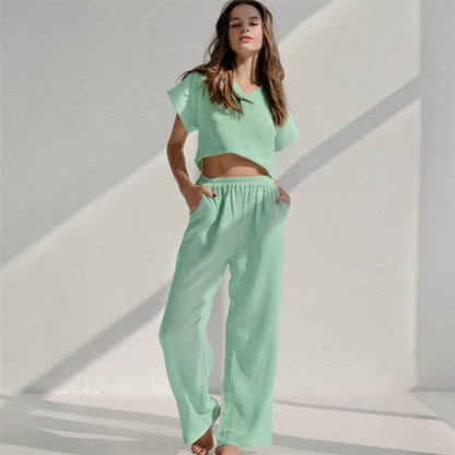 Solid Color Short Sleeve V-Neck Top and Pants Two-Piece Loungewear Set