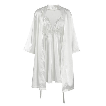 Feather Patchwork Satin Slip Dress with Long Sleeves