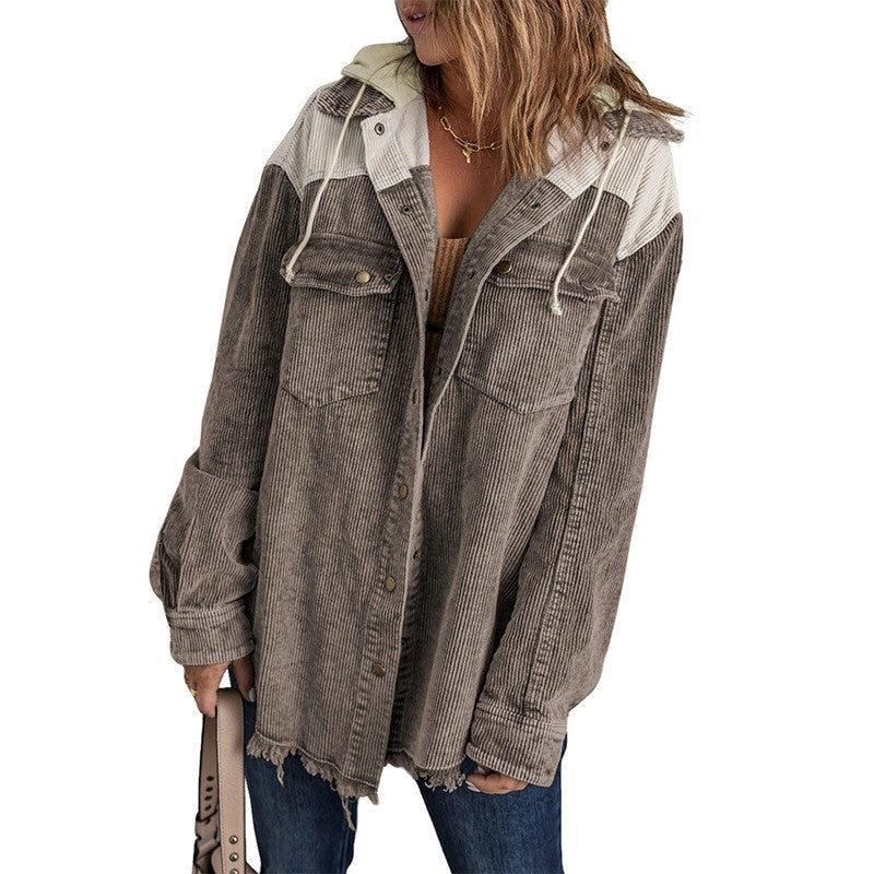 Loose Corduroy Color Block Hooded Jacket