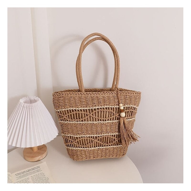 Fringed Beach Bag with Handwoven Straw - Handmade