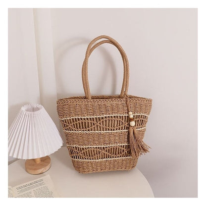 Fringed Beach Bag with Handwoven Straw - Handmade