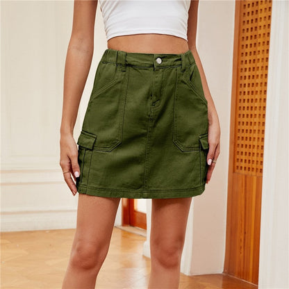 Elastic Waist Denim Mini Skirt Featuring Utility Pockets
