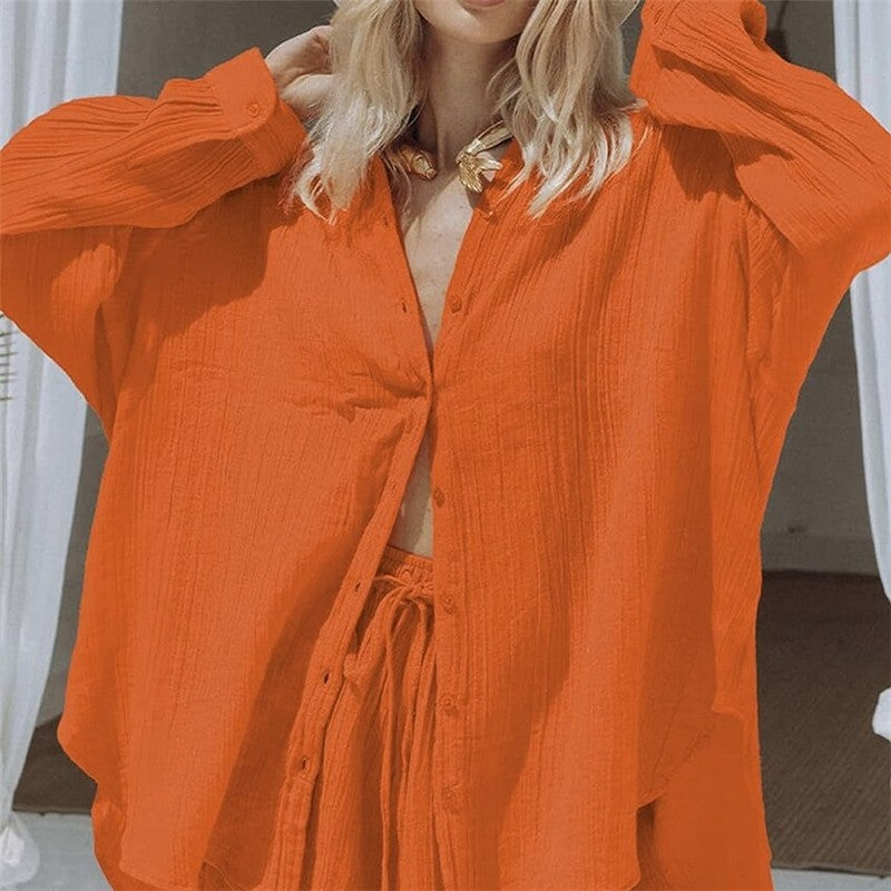 Cozy Relaxed Fit Long Sleeve Shorts Lounge Set