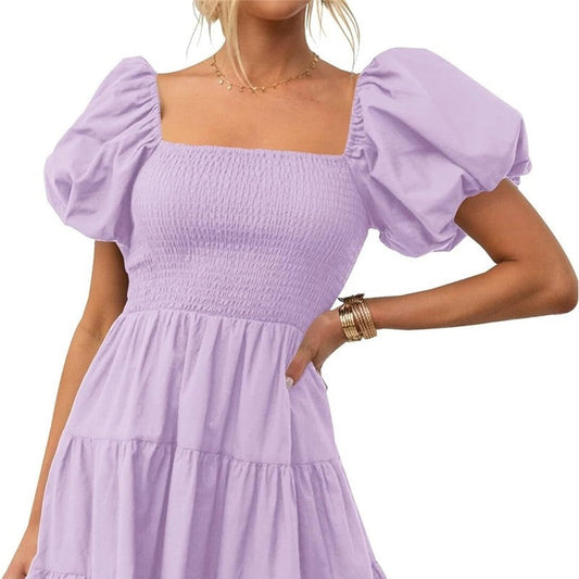Square Neck Off-Shoulder Bubble Sleeve Dress