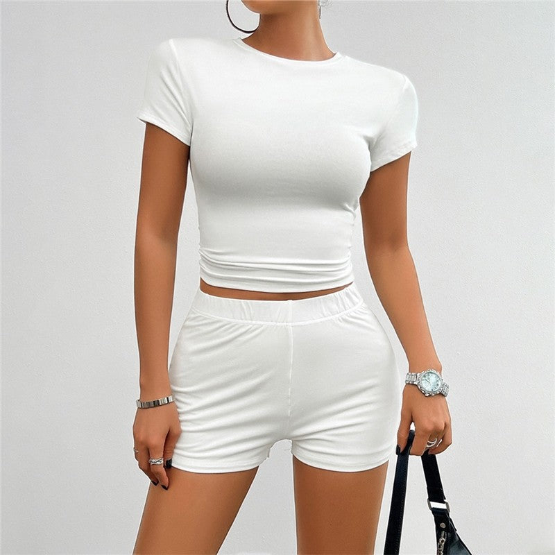 Slim Fit Short Sleeve Shorts Set in Solid Color