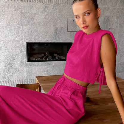 Cotton Linen Sleeveless Vest and Trousers Pajama Set for Women