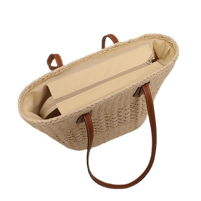 Straw Woven Tote with Hollow-Out Design and Spacious Interior
