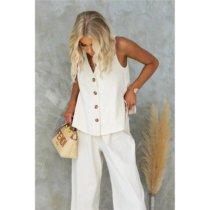 Single Breasted Sleeveless Vest and Trousers Set in Solid Color