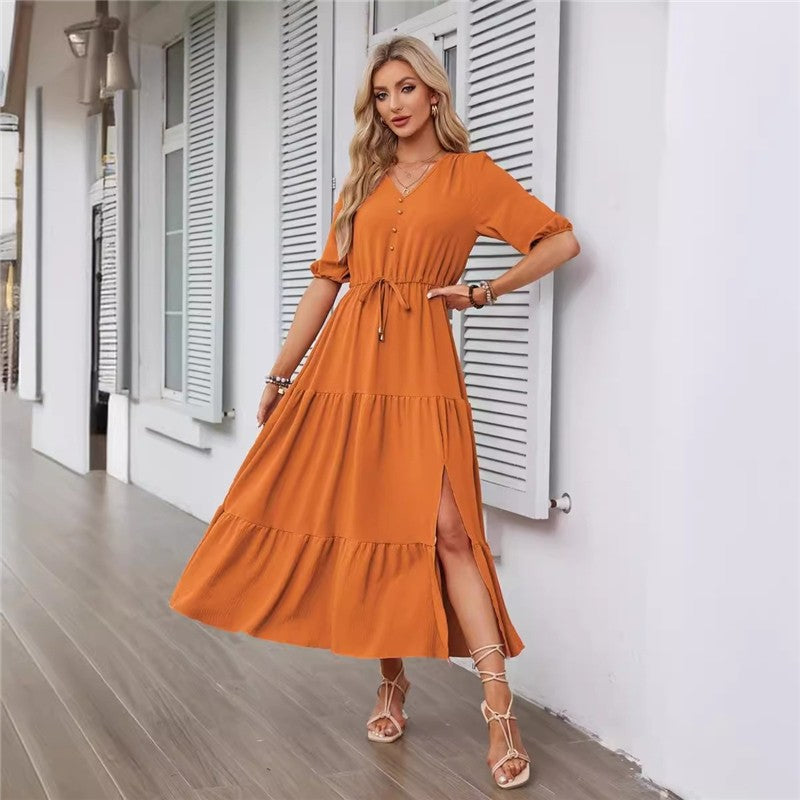 Vibrant V-Neck Drawstring Dress with Split Short Sleeves