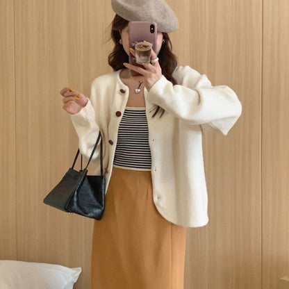 Loose Fit Solid Color Round Neck Sweater Cardigan