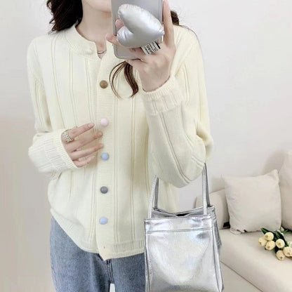 Solid Color Long Sleeve Crewneck Buttoned Cardigan Sweater