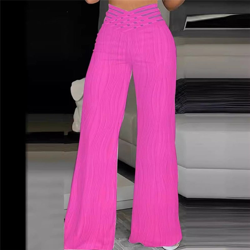 Solid Color Jacquard Stretch Fabric Bootcut Pants