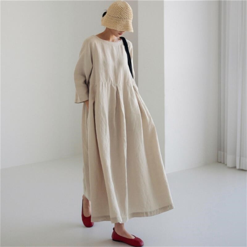 Oversized Loose-Fit Round Neck Knee-Length Maxi Dress