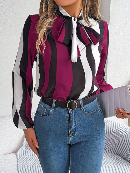 Long Sleeves Loose Contrast Color Elasticity Striped Tied Mock Neck Blouses&Shirts Tops