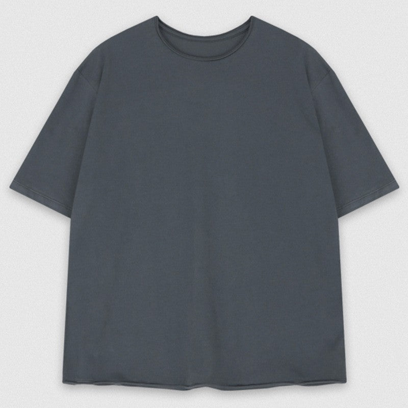 Round-Neck Short-Sleeved Plain T-Shirt With Contrast Hem For Women.