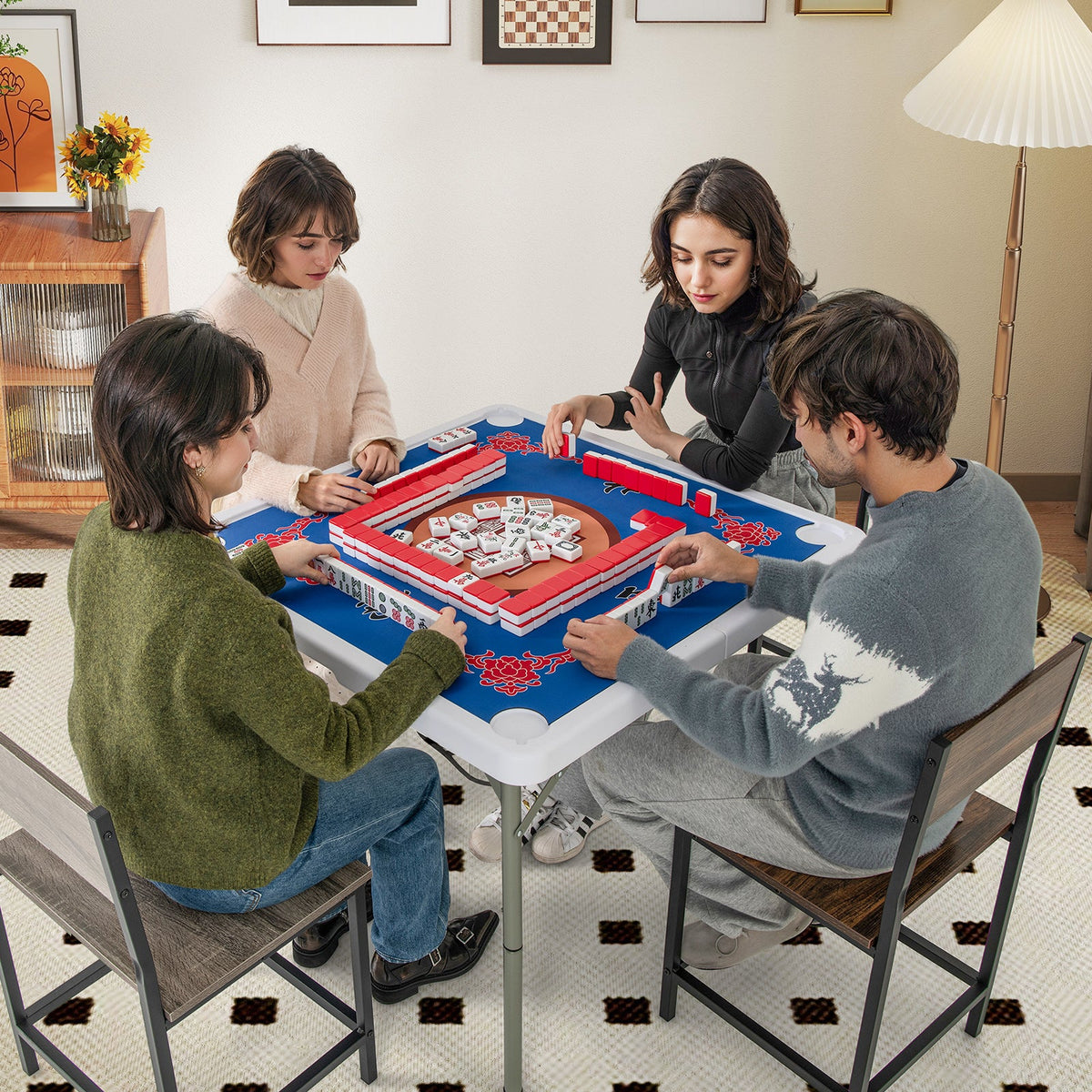 35 Inch 4 Player Game Card Folding Mahjong Table with Cup Holders