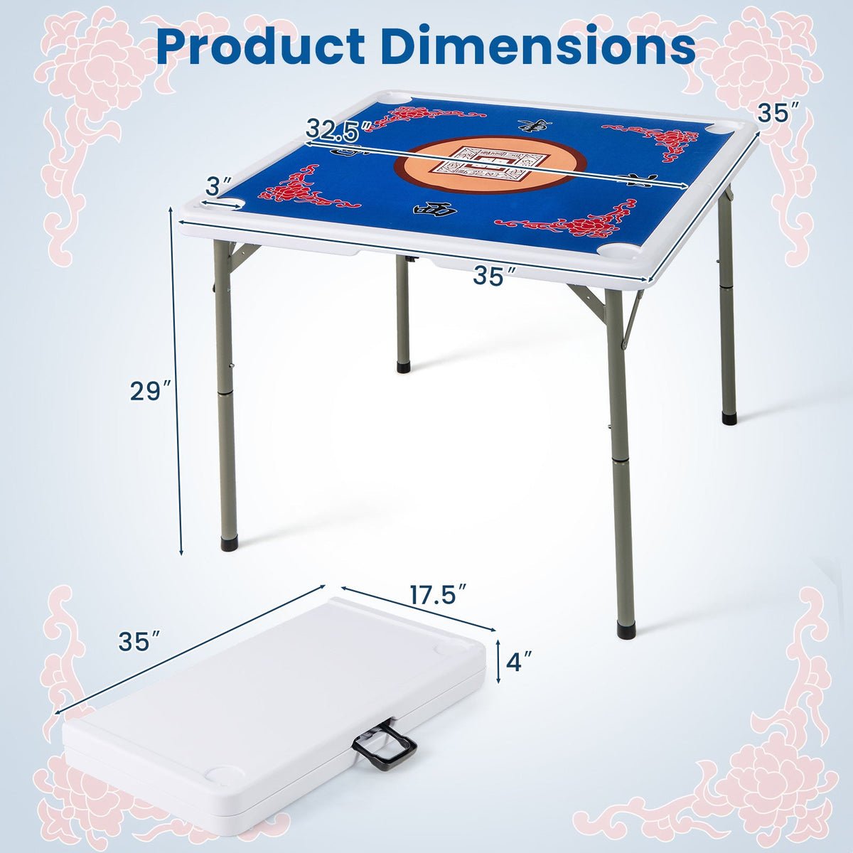35 Inch 4 Player Game Card Folding Mahjong Table with Cup Holders