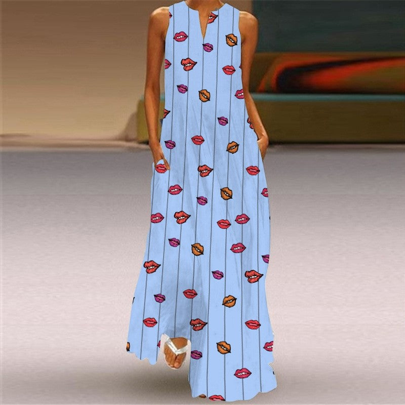 Sleeveless Printed V-Neck Casual Dress