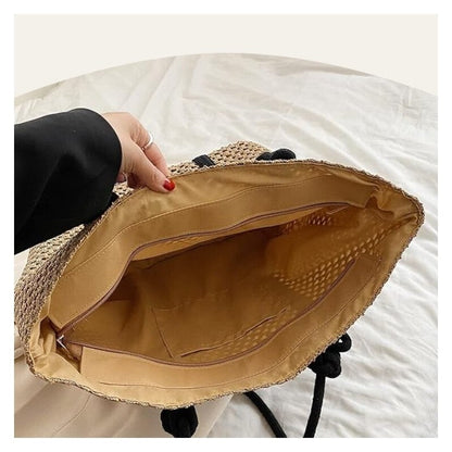 Single Shoulder Beach Bag with Stylish Solid Color Straw Weave