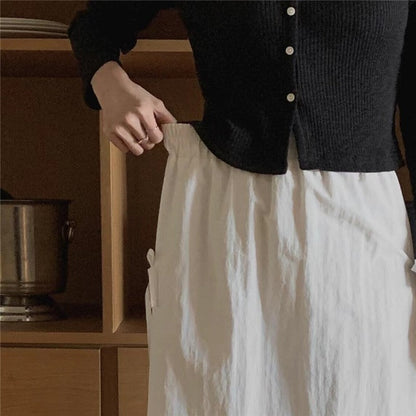 Solid Color Bow Tie Waist Midi Skirt