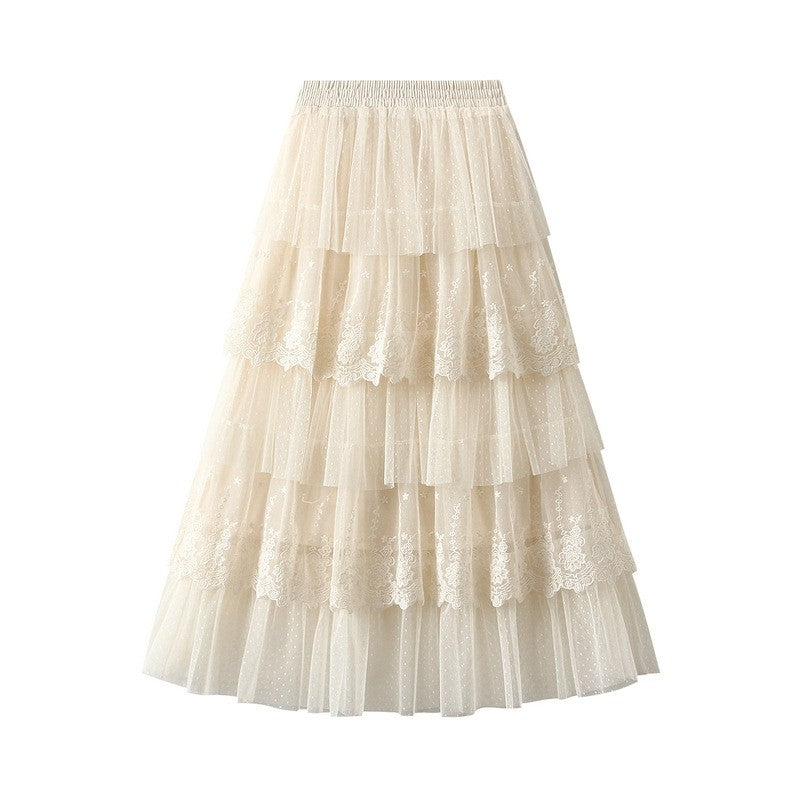 Layered Lace Patchwork A-Line Skirt in Solid Color