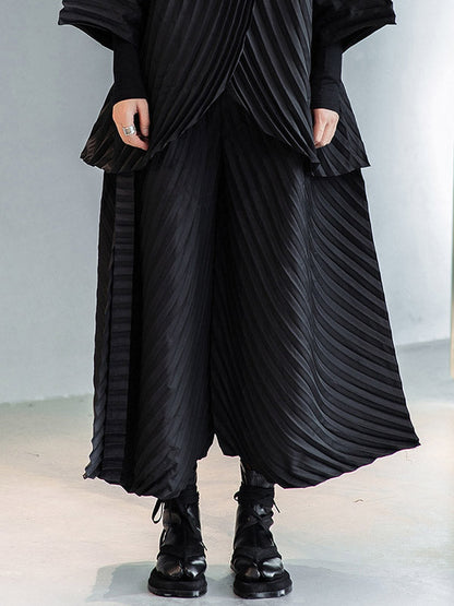 Urban Solid Color Pleated Outerwear&Pants Two Pieces Set