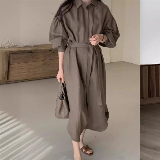 Solid Color Lantern Sleeve Over-The-Knee Long Dress